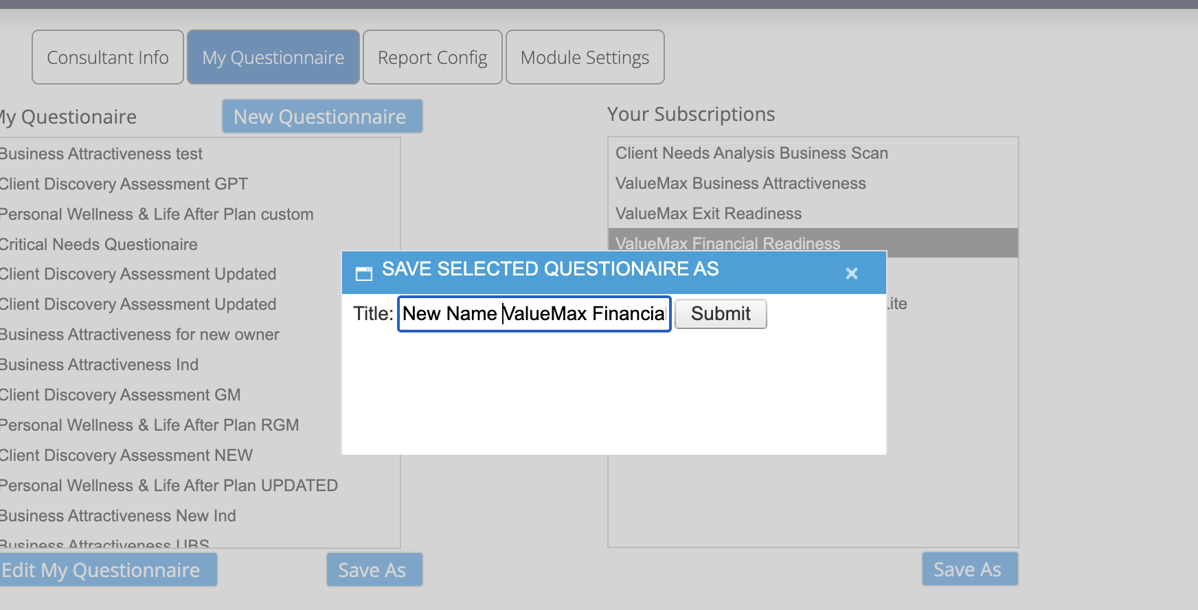 How to Create and/or Access a Custom Questionnaire